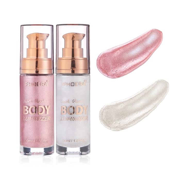 2 Pack PHOERA Shimmer Body Lotion, High Gloss Waterproof Glitter Face Body Luminizer Oil Highlighter Makeup .104# Sparkle Pink&105# White moonbeam-FemmiqueWomen