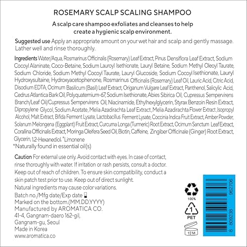 AROMATICA Rosemary Scalp Scaling Shampoo - Korean Hair Care with Thinning Hair Loss Natural Rosemary Essential Oil for Women - Vegan Hair Growth - Free from Sulfate, Silicone, and Paraben (13.53 oz)-FemmiqueWomen