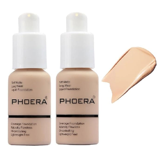 2 Pack PHOERA Foundation,Matte Oil Control Concealer Foundation Cream,PHOERA Long Lasting Waterproof Matte Liquid Foundation for Women Girls (102 Nude)-FemmiqueWomen