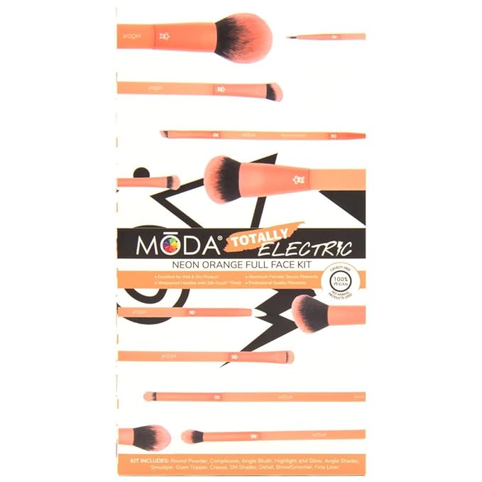 MODA Totally Electric Neon Orange Full Face Makeup Brush Kit – 13pc Vibrant Brush Set for Face & Eyes with Zip Case-FemmiqueWomen