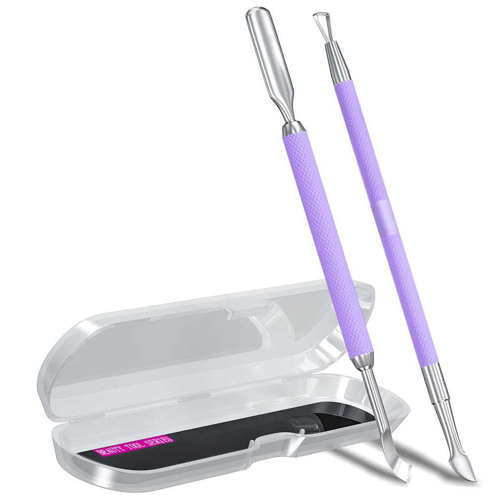 2PCS Metal Lavender/Taro Purple Cuticle Pusher and Cutter Remover Salon Quality Stainless Steel Gel Nail Polish Peeler Scraper Durable Manicure and Pedicure Cleaner Tool For Fingernail and Toenail-FemmiqueWomen