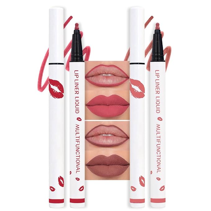 2Pcs Longwear Liquid Lip Liner Stain Marker Pen Set Long Lasting Waterproof, Pink Red Maroon Dusty Mauve Matte 24 Hour Lip Liner and Lipstick Combo, Color Stay Lipliner All Day, Lips Stain peel off-FemmiqueWomen