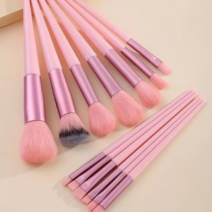 Foundation Makeup Brush Set Kit | 13 Pcs Premium Synthetic Kabuki Eye Shadows Make Up Brushes + 1 Sponge + 1 Brush Bag for Travel and Home Use (PINK)-FemmiqueWomen