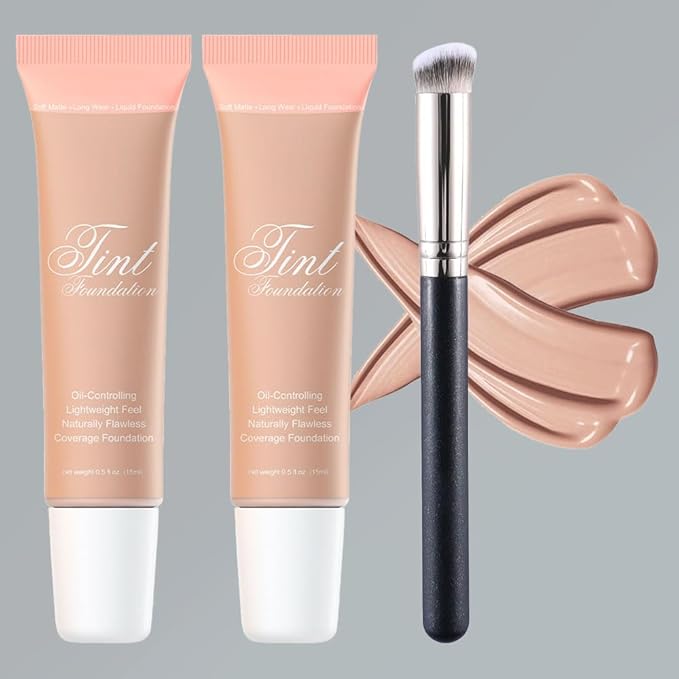 2 Pack Liquid Foundation Cream with Foundation Brush for Face Makeup,Durable Full Coverage Matte Concealer Make Up,Oil Control & Waterproof Base Primer -1 Fl.Oz (#04)-FemmiqueWomen