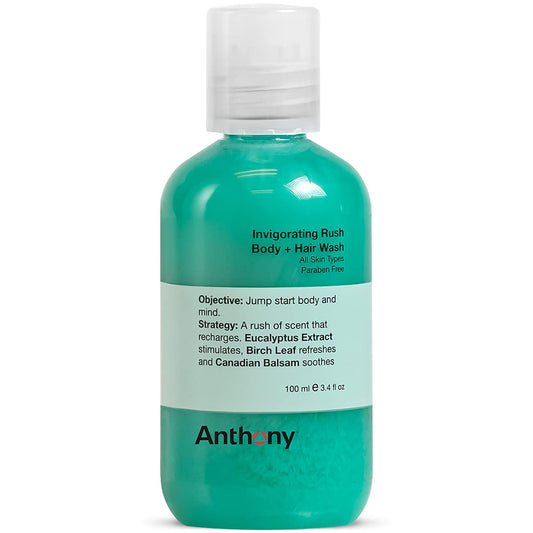 Anthony Mens Body Wash and Shampoo: Invigorating Rush 2-In-1 Liquid Gel Soap & Hair Shampoo, Pine Wood Scent, Hydrating with Eucalyptus, Canadian Balsam, Birch Leaf, Charcoal, Sea Kelp, 3.4 Fl. Oz-FemmiqueWomen