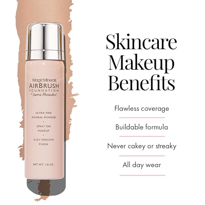 Jerome Alexander MagicMinerals AirBrush Foundation, Spray Makeup with Skincare Active Ingredients, Ultra-Light, Buildable, Full Coverage Formula (Warm Medium)-FemmiqueWomen
