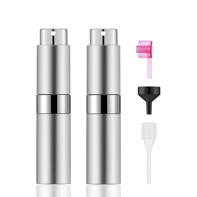 2 PCS/8ml Portable Mini Perfume Atomizer bottles, Empty Refillable Spray Bottle with 3 Types of Refill Tools, Pocket Travel Perfume Sample Bottles(Silver)-FemmiqueWomen