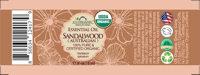US Organic 100% Pure Sandalwood Essential Oil, USDA Certified Organic, Steam Distilled, Santalum Spicatum, Premium Quality, Woody Scent, Ideal for Diffuser, Massage & Skincare, from Australia (5 ml)-FemmiqueWomen