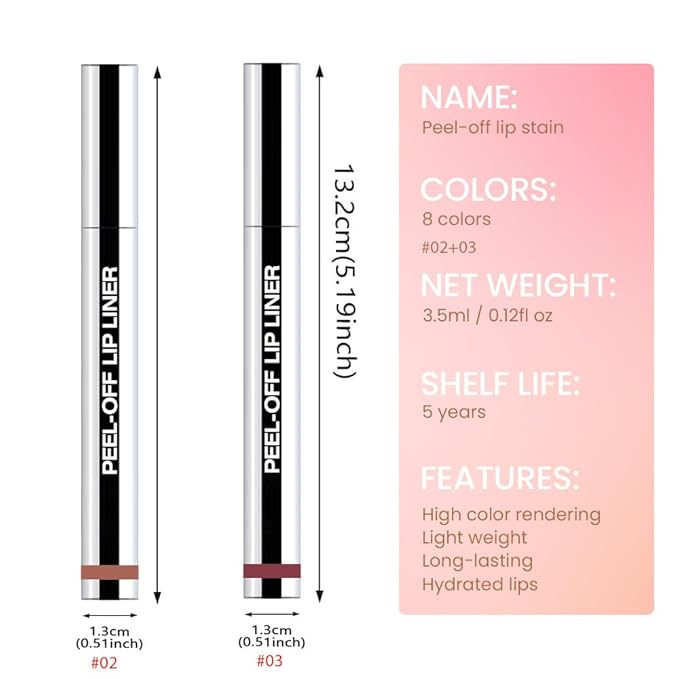 2 Pcs Matte Liquid Lip Stain Peel Off Lip Liner, Long Lasting Lip Tattoo, Waterproof & Transfer-Proof Lip Liner Peel Off Lip Gloss for All Skin Types. 0.12 fl oz #02+#03-FemmiqueWomen