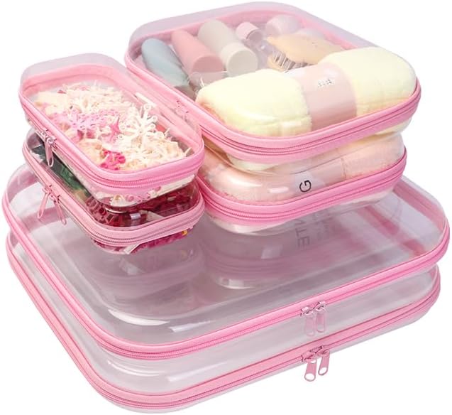 3PCS Clear Zipper Cases, Portable Clear Organizer Pouches for Travel, Double Zippered Hard Shell Plastic Case, Cosmetic Bag for Make Up Tools, Toiletries, Toy Storage (Pink, 2 Pack)-FemmiqueWomen