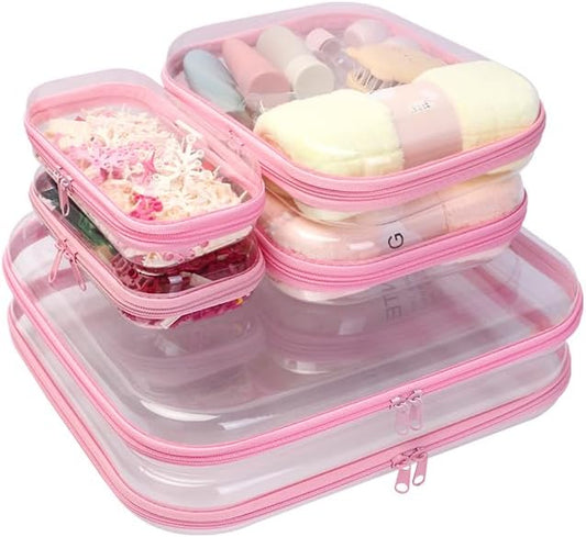 3PCS Clear Zipper Cases, Portable Clear Organizer Pouches for Travel, Double Zippered Hard Shell Plastic Case, Cosmetic Bag for Make Up Tools, Toiletries, Toy Storage (Pink, 2 Pack)-FemmiqueWomen