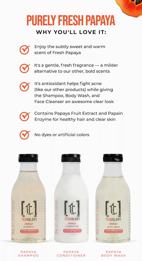 Teenology Shampoo for Teens - Avoid Forehead and Body Acne - No Sulfates or Parabens, Noncomedogenic, Natural Botanical Extracts, 16 oz. (Fresh Papaya)-FemmiqueWomen