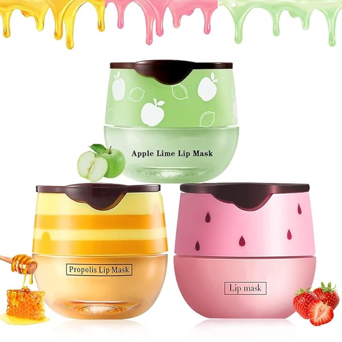 3PCS Bee Lip Balm Honey Pot,Honey&Apple Lime Lip Mask Overnight Moisturizing Lip Balm,Hydrating Prevention Dry and Cracked Reduces Lip Lines Lip Sleeping Mask (Honey+Strawberry+Apple Lime)-FemmiqueWomen