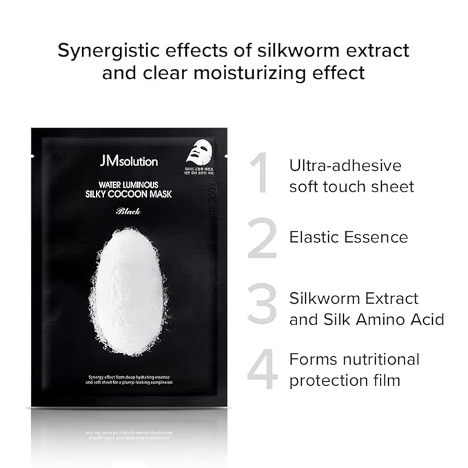 JMsolution Water Luminuous Silky Cocoon Black Mask - Korean Skincare Facial Mask - Silkworm extract amino acid -Nutrition and Moisturization Synergy - 10 sheets for a sensitive skin-FemmiqueWomen