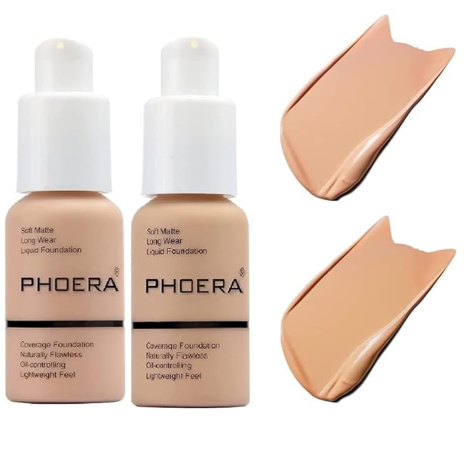 2 Pack PHOERA Foundation 103# Warm Peach and 104# Buff Beige, Flawless Soft Matte Liquid Foundation,24 HR Full Coverage Mattle Oil-Control Foundation Makeup.-FemmiqueWomen