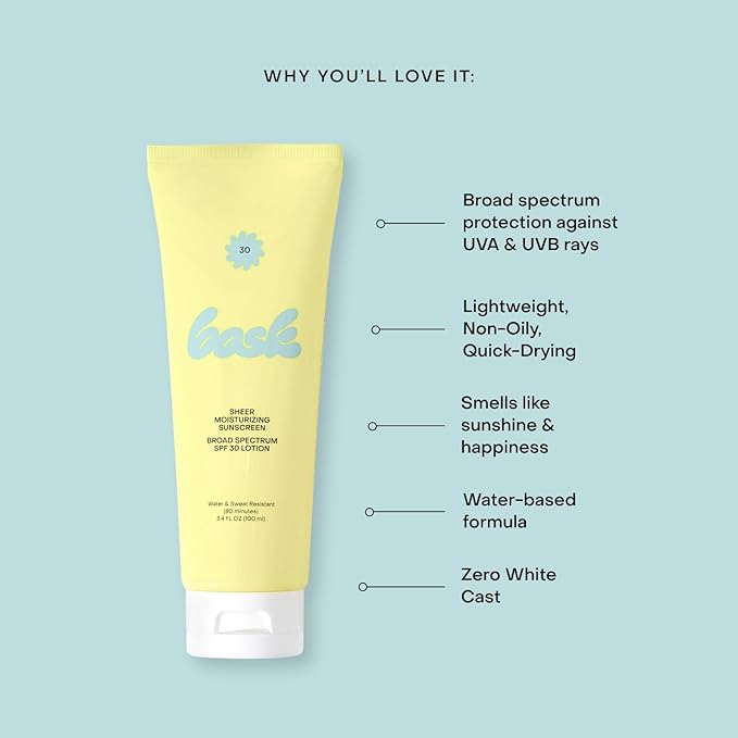 Bask Suncare SPF 30 Sheer Moisturizing Sunscreen Lotion - Broad Spectrum UVA/UVB Protection, Dermatologist Recommended, Hydrating, Lightweight & Fast Absorbing, No White Cast, Travel Size, 3.4 fl oz-FemmiqueWomen