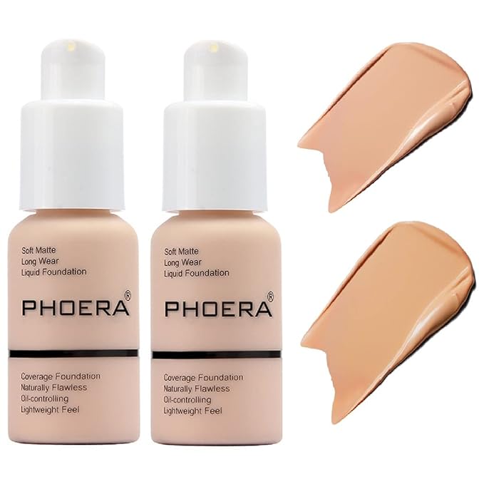 2 Pack PHOERA Foundation,Matte Oil Control Concealer Foundation Cream,PHOERA Long Lasting Waterproof Matte Liquid Foundation for Women Girls (103 Warm Peach +104 Buff Beige)-FemmiqueWomen