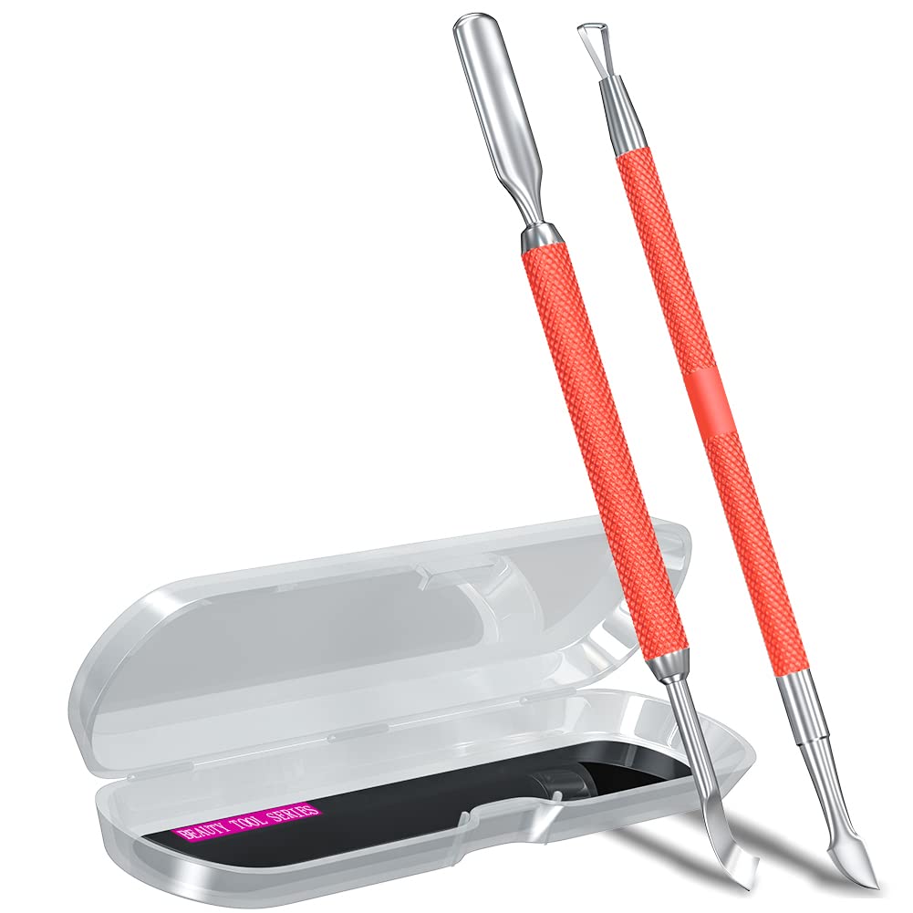 2PCS Metal Red Cuticle Pusher and Cutter Remover Salon Quality Stainless Steel Gel Nail Polish Peeler Scraper Durable Manicure and Pedicure Cleaner Tool For Fingernail and Toenail-FemmiqueWomen