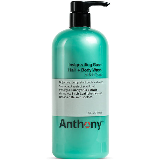 Anthony Mens Body Wash and Shampoo: Invigorating Rush 2-In-1 Liquid Gel Soap & Hair Shampoo, Pine Wood Scent, Hydrating with Eucalyptus, Canadian Balsam, Birch Leaf, Charcoal, Sea Kelp, 32 Fl. Oz-FemmiqueWomen