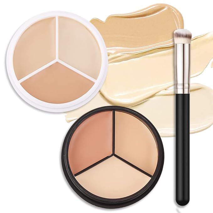 2pcs Tri-color Face Concealer Contour Palette With Brush for Light Medium Skin. Correct Cream Foundation Palet for Under Eye Dark Circles Eyelid Tattoo. Ivory Cream Makeup Plate corrector de ojeras-FemmiqueWomen