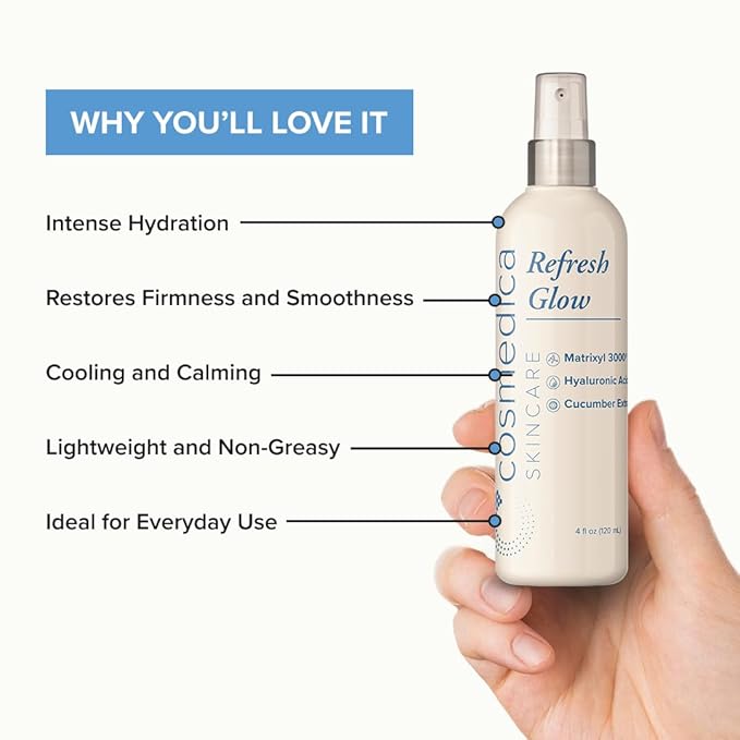 Cosmedica Skincare Refresh Glow Hydrating Peptide Spray with Matrixyl 3000, Cucumber Extract & Hyaluronic Acid for Revitalized Skin – 4 oz-FemmiqueWomen