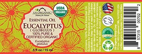 US Organic 100% Pure Eucalyptus Essential Oil (Globulus) - USDA Certified Organic, Steam Distilled - W/Euro droppers (More Size Variations Available) (15 ml / .5 fl oz)-FemmiqueWomen