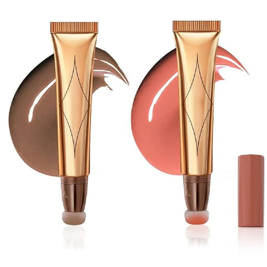 2 Color Contour Beauty Wand, Highlighter ，Face Concealer Contouring with Cushion Applicator Long Lasting & Smooth Matte Finish Liquid Illuminator Makeup Stick (01# Contour&02#Peach Pink)-FemmiqueWomen