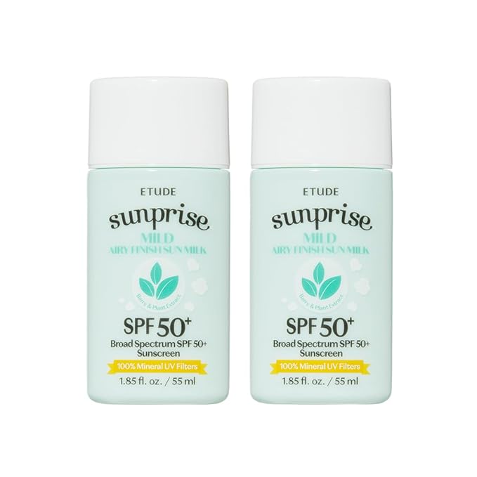ETUDE Sunprise Mild Airy Finish Sun Milk Duo Set (55ml*2) SPF50+ / PA++++ | Sebum-free, Non-Sticky, Long Lasting Protection, 100% Mineral Based Korean Sunscreen, Korean Skin Care, Pefect for Gift-FemmiqueWomen
