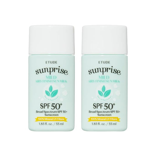 ETUDE Sunprise Mild Airy Finish Sun Milk Duo Set (55ml*2) SPF50+ / PA++++ | Sebum-free, Non-Sticky, Long Lasting Protection, 100% Mineral Based Korean Sunscreen, Korean Skin Care, Pefect for Gift-FemmiqueWomen
