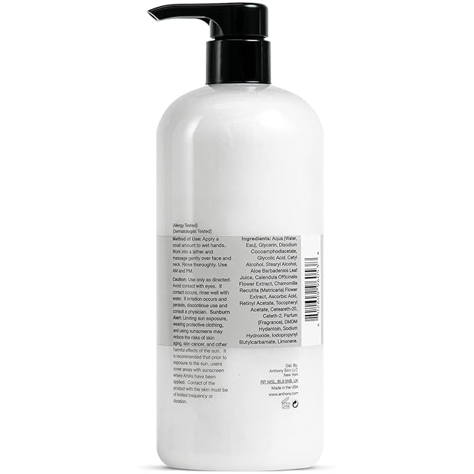 Anthony Glycolic Facial Cleanser for Men, Daily Exfoliating & Hydrating Face Wash, Shave Prep, Non-Foaming, Deep Cleansing, Gentle on Sensitive Skin, Removes Dirt & Oil, Smooths Texture, 32 Fl Oz-FemmiqueWomen