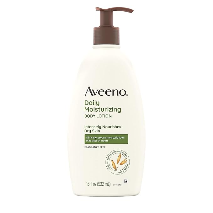 Aveeno Daily Moisturizing Body Lotion for Dry Skin with Prebiotic Oat, Fragrance & Paraben Free, Non-Greasy, Non-Comedogenic, for Sensitive Skin & 72-Hour Moisturizer 18 Fl Oz-FemmiqueWomen