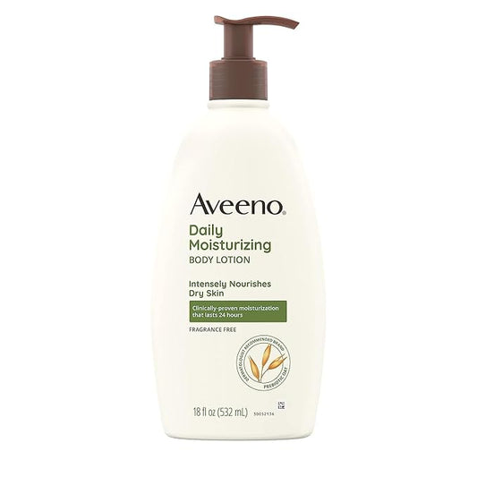 Aveeno Daily Moisturizing Body Lotion for Dry Skin with Prebiotic Oat, Fragrance & Paraben Free, Non-Greasy, Non-Comedogenic, for Sensitive Skin & 72-Hour Moisturizer 18 Fl Oz-FemmiqueWomen