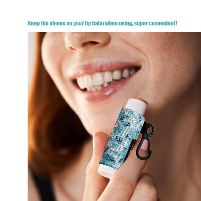 3PCS Lip Balm Holder Lip Gloss Sleeves Keychain Lipstick Holder Keychain Chapstick Elastic Sleeves Bulk(Green Print Flower X3)-FemmiqueWomen