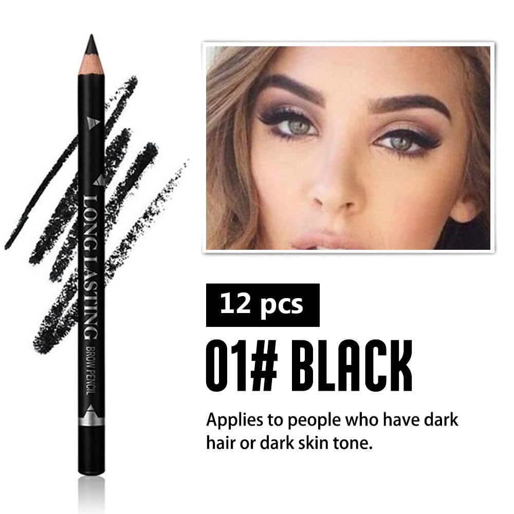 12Pcs Eyebrow Pencils for Women, Wooden Hard-Core Black Eyebrow and Eyeliner Pencil, Long Lasting Waterproof and Sweat-Proof, Beginner Makeup Brow Pencil, Create a Natural Eye Brow Makeup-FemmiqueWomen