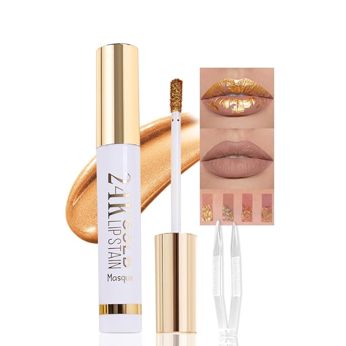 2025 New 24K Gold Liquid Lip Gloss Peel Off Lip Stain Tattoo with Tweezer, Brownish Red Lips Stain Peel Off Masque, Long Lasting Waterproof Lip Tint Stain,Transfer-proof for All Skin Types 02#-FemmiqueWomen