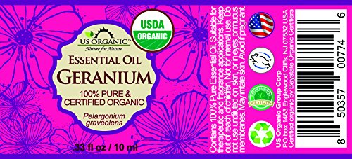 US Organic 100% Pure Geranium Essential Oil - USDA Certified Organic, Steam Distilled - W/Euro droppers (More Size Variations Available) (10 ml / .33 fl oz)-FemmiqueWomen