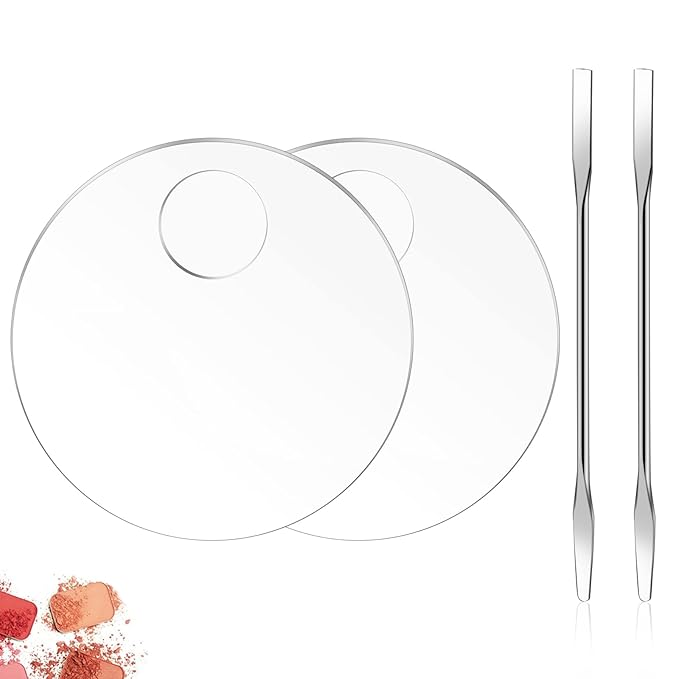 2PCS Acrylic Cosmetic Palette with 2PCS Spatula Tool,Makeup Palette Mixing Tray Apply for Foundation Eye Shadow Lipsticks Nail Art Professional Pigment Blending(Round)-FemmiqueWomen