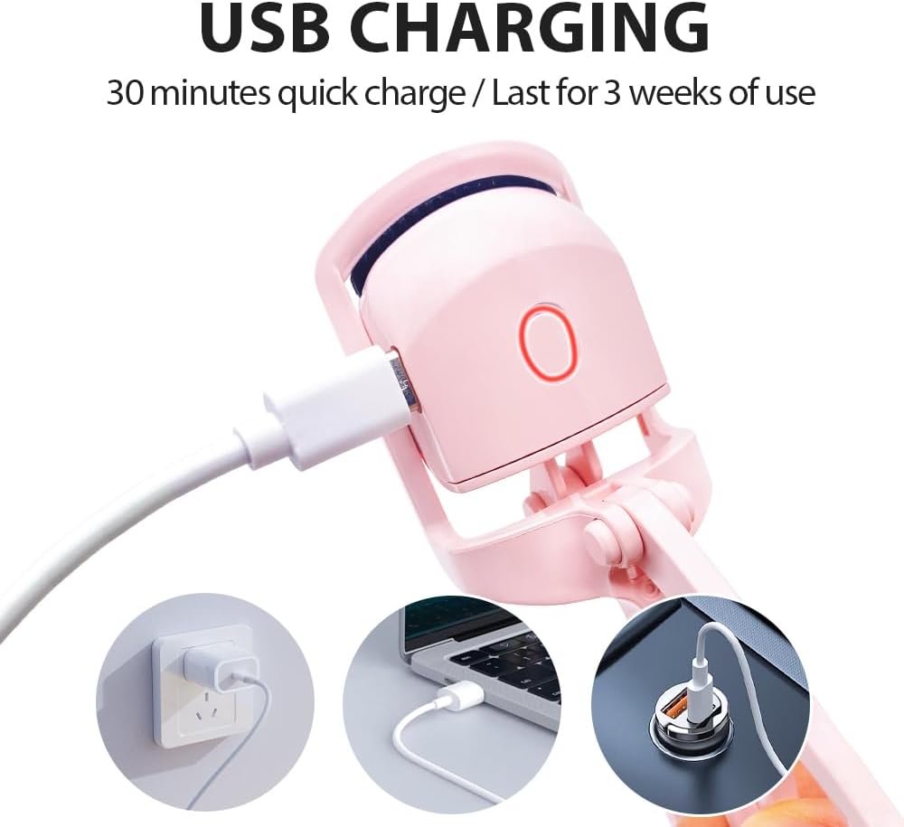 Heated Eyelash Curler with USB,Fast Heat up & 24H Long-Lasting,Rechargeable Electric Lash Curlers,Temperature Control,Safe Anti-Burn Quick Natural Curling Eye Lashes,White-FemmiqueWomen