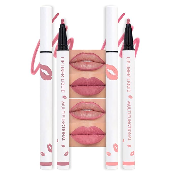 2Pcs Longwear Liquid Lip Liner Stain Marker Pen Set Long Lasting Waterproof, Dusty Warm Pink Matte Semi Permanent 24 Hour Lip Liner and Lipstick Combo, Color Stay Lipliner All Day, Lips Stain peel off-FemmiqueWomen