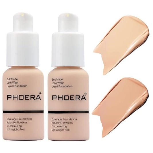 2 Pack PHOERA Foundation,Matte Oil Control Concealer Foundation Cream,PHOERA Long Lasting Waterproof Matte Liquid Foundation for Women Girls (102 Nude+103 Warm peach)-FemmiqueWomen