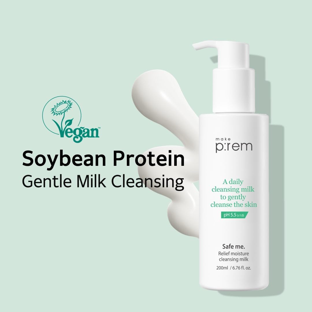 MAKE P:REM Safe Me. Relief Moisture Cleansing Milk, Hydrating Gentle Face Wash for Sensitive Skin with Soy Protein, Korean Milky Cleanser, Korean Skin Care, 6.76 Fl.Oz, 200ml-FemmiqueWomen