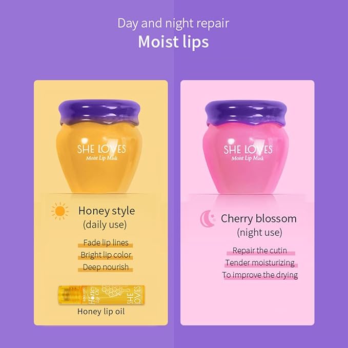 2PCS Lip Mask Overnight, Honey&Sakura Day and Night Repair Sleeping Lip Balm, Fade Lip Lines Bee Balm, Hydrating &Prevention Dry and Crack Lip Scrubs Exfoliator-FemmiqueWomen