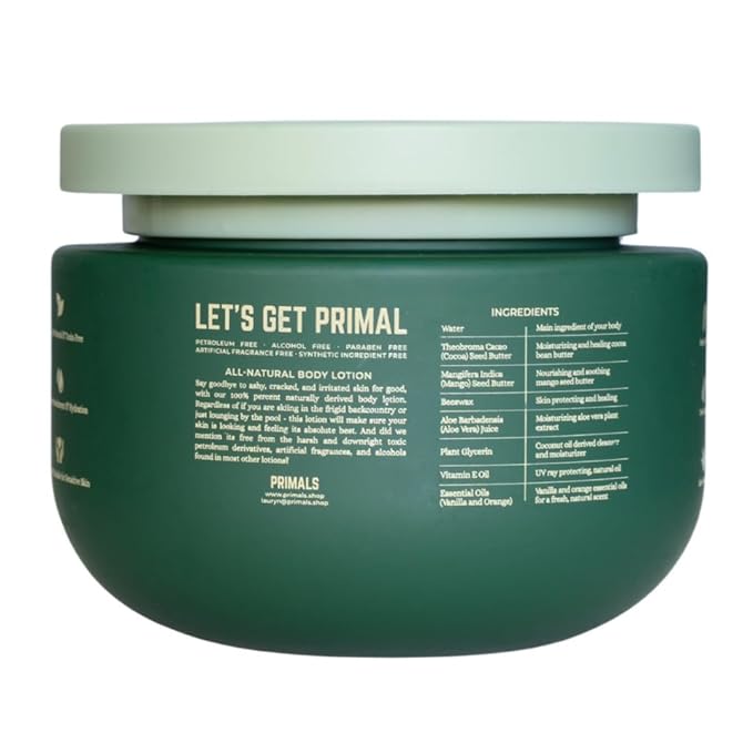 PRIMALS All Natural Body Lotion - Cocoa Butter & Mango Butter - 100% Naturally Derived Ingredients - Alcohol Free, Artificial Fragrance Free, Paraben Free, Petroleum Derivative Free - 8.45 oz-FemmiqueWomen