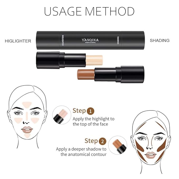 2 Colors Cream Contour Sticks Makeup Kit, Primer Face Highlighter Contouring for Beginners, Highlight and Contour Kit, Cream Concealer Makeup Blur Stick, Primer Face Corrector 1#-FemmiqueWomen