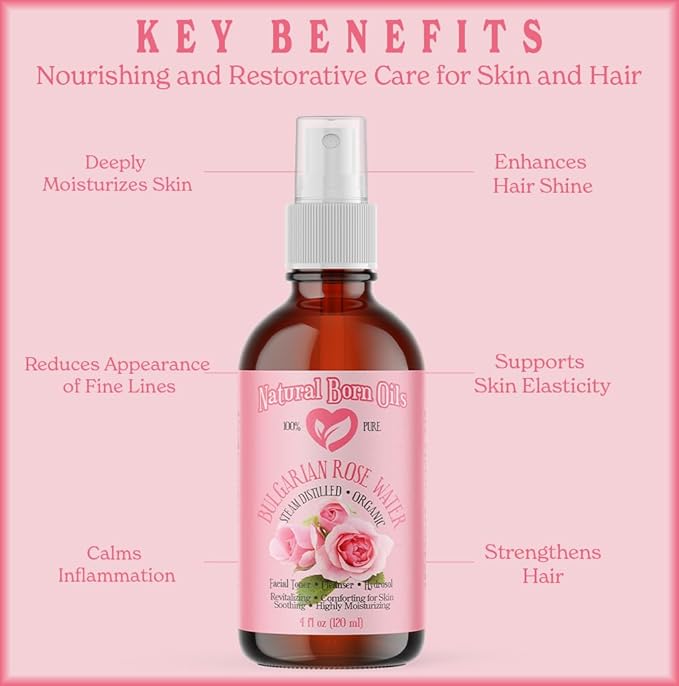 Natural Born Oils 8oz Rose Water Hydrosol, 100% Pure and Natural, Organic, Steam-distilled, Facial Toner Cleanser, with Sprayer, 8-Rose-Water-FemmiqueWomen