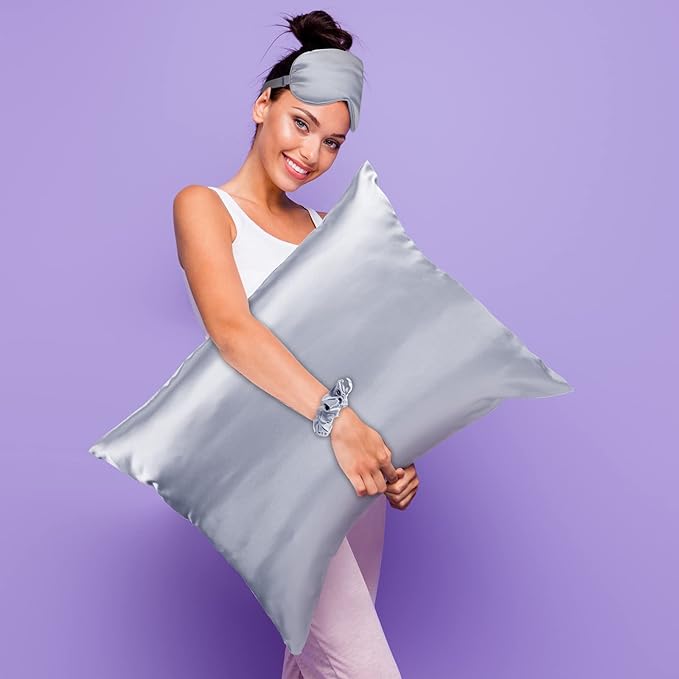 2 Pack Satin Pillowcase with Latent Zipper, Adjustable Satin Eye Mask for Sleeping and Satin Volume Scrunchie for Hair and Skin, Standard Size (Silver,Classic Style)-FemmiqueWomen