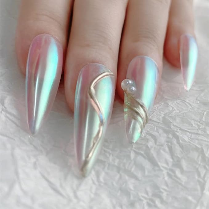 2 Pcs White Iridescent Nails Powder Aurora Chrome Powder for Nails,Mermaid Chrome Nail Pearl Powder Chameleon Chrome Nail Powder Manicure Pigment(2 Pcs Moonlight)-FemmiqueWomen