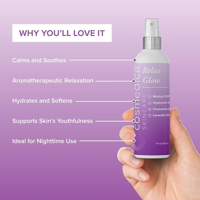 Cosmedica Skincare Relax Glow Hydrating Peptide Spray with Chamomile, Lavender Extract, Matrixyl 3000 & Hyaluronic Acid for Calming Skin, Moisturizer – 4 oz-FemmiqueWomen