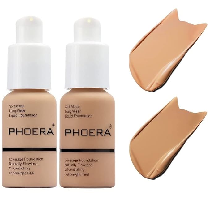 2 Pack PHOERA Foundation, Flawless Soft Matte Liquid Foundation Makeup for Women.(104# Buff Beige and 105# Sand)-FemmiqueWomen