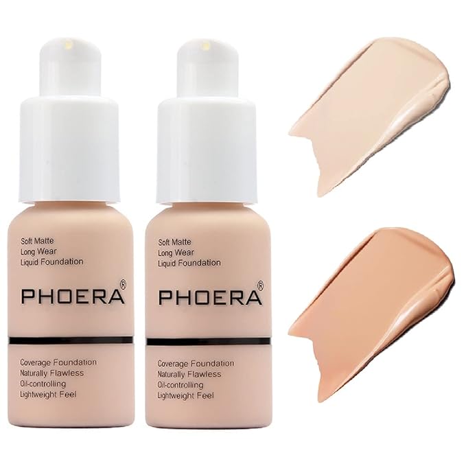 2 Pack PHOERA Foundation,Flawless Soft Matte Liquid Foundation 24 HR Oil Control Concealer Foundation Makeup,Full Coverage Foundation for Women and Girls(((101 Porcelain+103 Warm Peach)-FemmiqueWomen